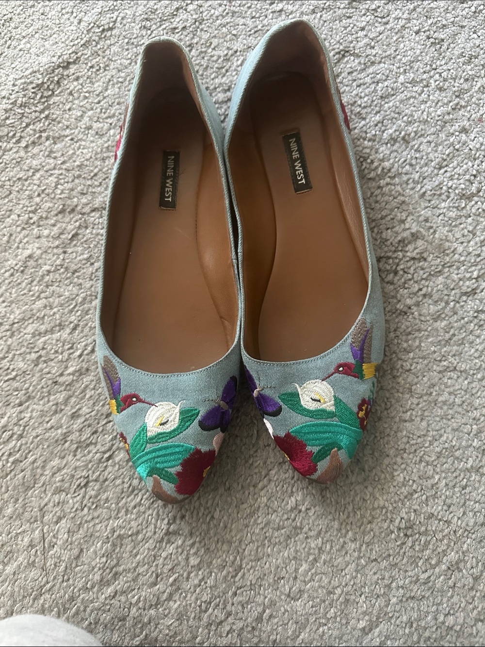 Nine West Light Blue Floral & Bird Embroidered Pointed Flats
